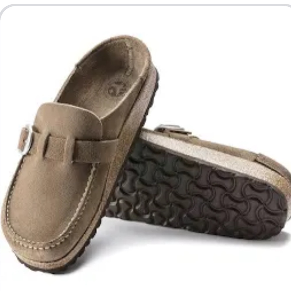 Birkenstock Tan Mules with Silver Buckle